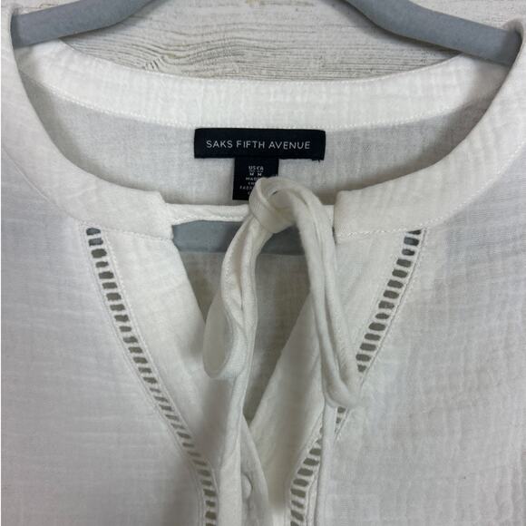 Saks Fifth Avenue Womens medium White Tie-Up Neckline Top long sleeve boho light - Picture 4 of 7